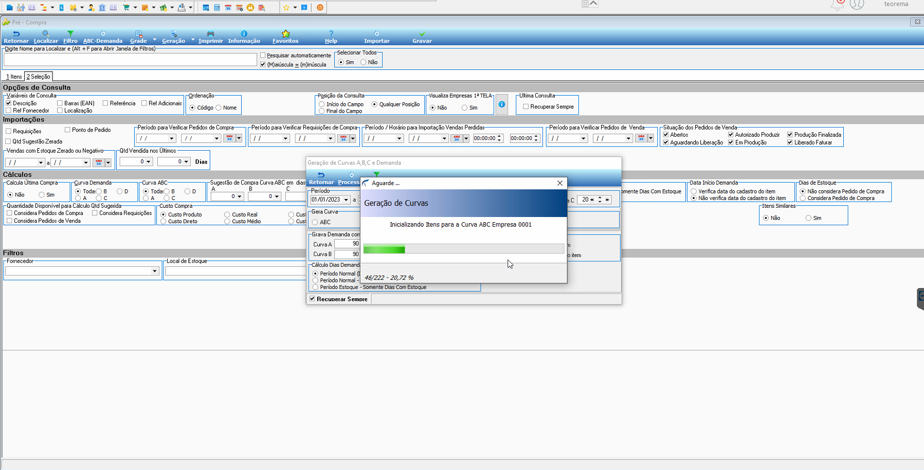 Grade detalhada de quantidades e custos por item