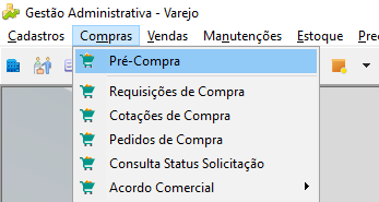 Menu Gestão Administrativa - Varejo com o submenu Compras aberto, exibindo as opções: Pré-Compra, Requisições de Compra, Cotações de Compra, Pedidos de Compra, Consulta Status Solicitação e Acordo Comercial