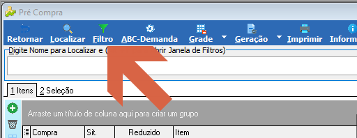 Tela Pré Compra com a barra de ferramentas exibindo os botões Retornar, Localizar, Filtro, ABC-Demanda, Grade, Geração e Imprimir; uma seta indica o botão Filtro