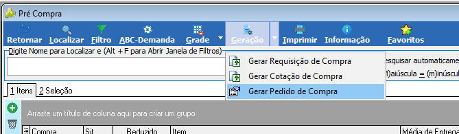 Menu Geração expandido na barra de ferramentas da tela Pré Compra, exibindo as opções: Gerar Requisição de Compra, Gerar Cotação de Compra e Gerar Pedido de Compra