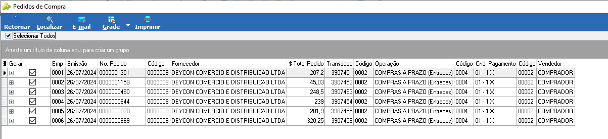 Tela Pedidos de Compra com grade listando seis pedidos gerados em 26/07/2024 para o fornecedor DEYCON COMERCIO E DISTRIBUICAO LTDA, um por empresa (0001 a 0006), com valores totais distintos; barra de ferramentas com botões Retornar, Localizar, E-mail, Grade e Imprimir; checkbox Selecionar Todos marcado