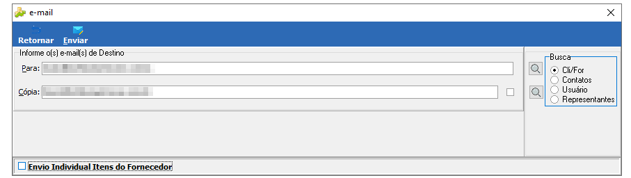Tela e-mail com campos Para e Cópia preenchidos com endereços de e-mail; painel Busca à direita com opções Cli/For (selecionado), Contatos, Usuário e Representantes; checkbox Envio Individual Itens do Fornecedor; botões Retornar e Enviar