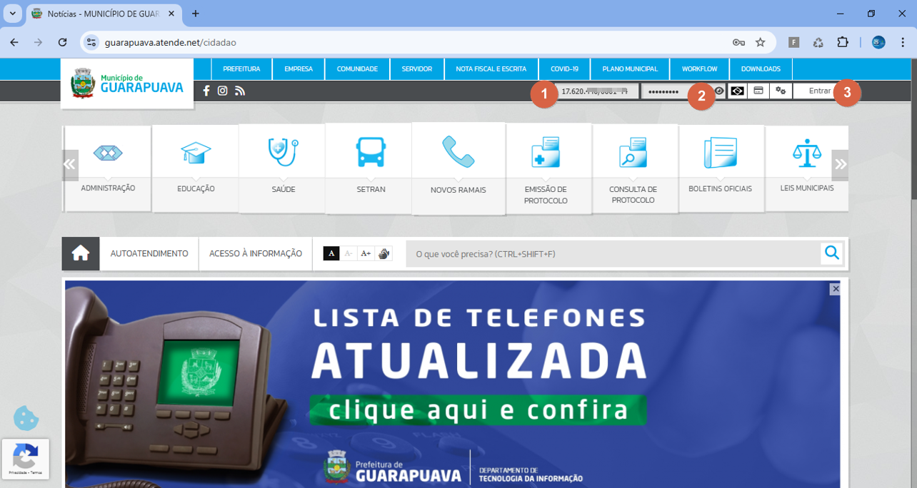 Página inicial do portal Município de Guarapuava em guarapuava.atende.net/cidadao