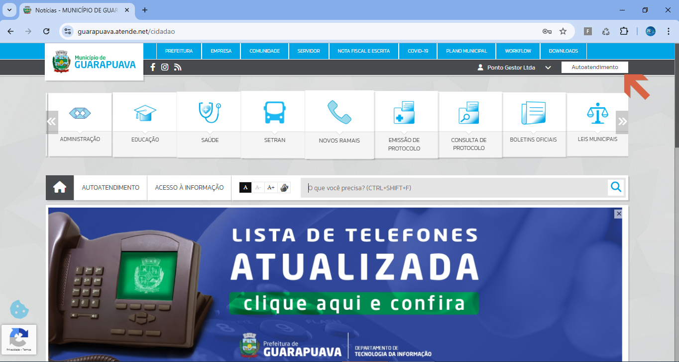 Portal guarapuava.atende.net/autoatendimento com menu Autoatendimento selecionado na barra de navegação superior