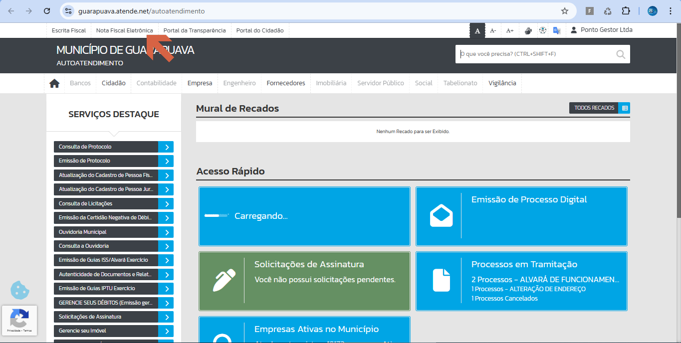 Tela de Autoatendimento do portal com menu Nota Fiscal Eletrônica na barra superior e painel lateral de serviços destaque