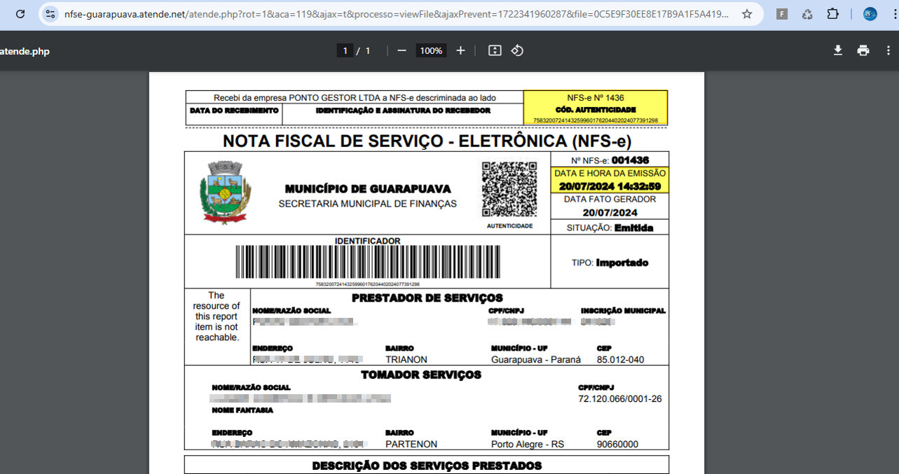 Visualizador de PDF da Nota Fiscal de Serviço Eletrônica (NFS-e) exibindo campos de prestador, tomador e dados de emissão