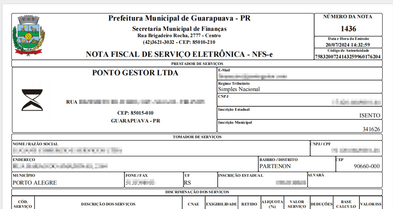 PDF da Nota Fiscal de Serviço Eletrônica (NFS-e) emitida pela Prefeitura Municipal de Guarapuava, Secretaria Municipal de Finanças, com dados de prestador, tomador e código de autenticidade