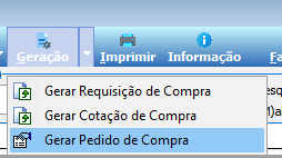 Menu Geração expandido com as opções: Gerar Requisição de Compra, Gerar Cotação de Compra e Gerar Pedido de Compra