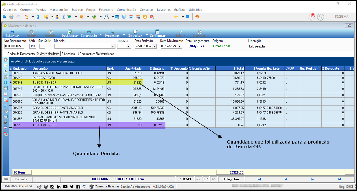 Tela Movimento de Itens do módulo Gestão Administrativa exibindo documento referente à O.P. 0000060073, com duas linhas: ETANIZ DESENGRIPANTE E ANTICORROSIVO 1500/300ML (35.000 UN) e FILME LISO SHRINK CONVENCIONAL ENVOLVEDORA 600X60X30,0 (50 KG); anotações indicam "Quantidade Perdida" e "Quantidade que foi utilizada para a produção do item da OP"