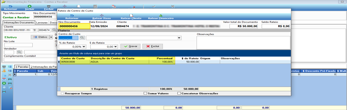 Tela Rateio de Centro de Custo do documento 0000000456, emitido em 12/09/2024, cliente 0004674, Valor total R$ 50.000,00, Saldo Rateio R$ 0,00. Grade exibe: Centro de Custo 005003008, Descrição AGUA, Percentual 100,00%, $ do Rateio 50.000,00