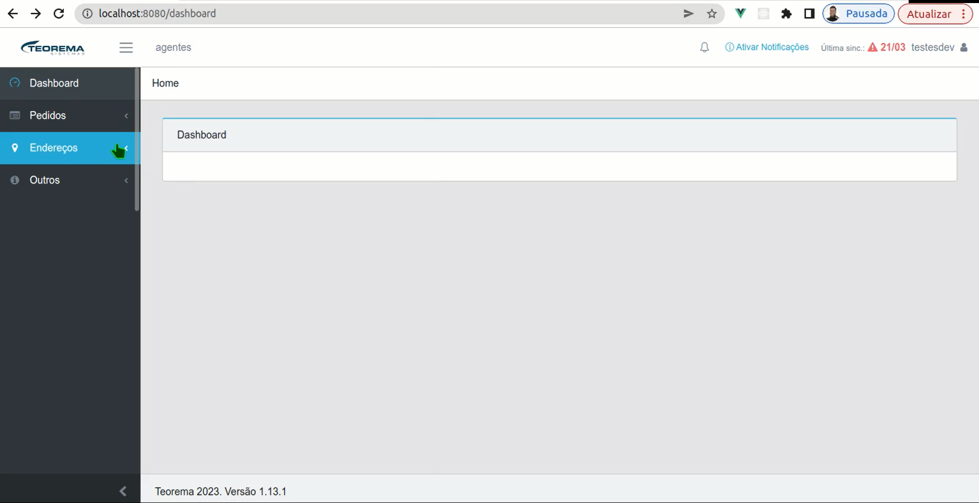 Menu lateral do WMS com as opções Dashboard, Pedidos, Endereços e Outros, com a opção Endereços destacada em azul e o cursor sobre ela