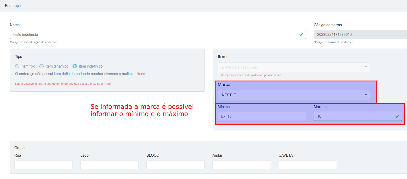 Formulário de Endereço chamado teste indefinido, do tipo Item indefinido, com os campos Marca (preenchido com NESTLE), Mínimo e Máximo destacados em vermelho, e os agrupadores Rua, Lado, BLOCO, Andar e GAVETA na parte inferior