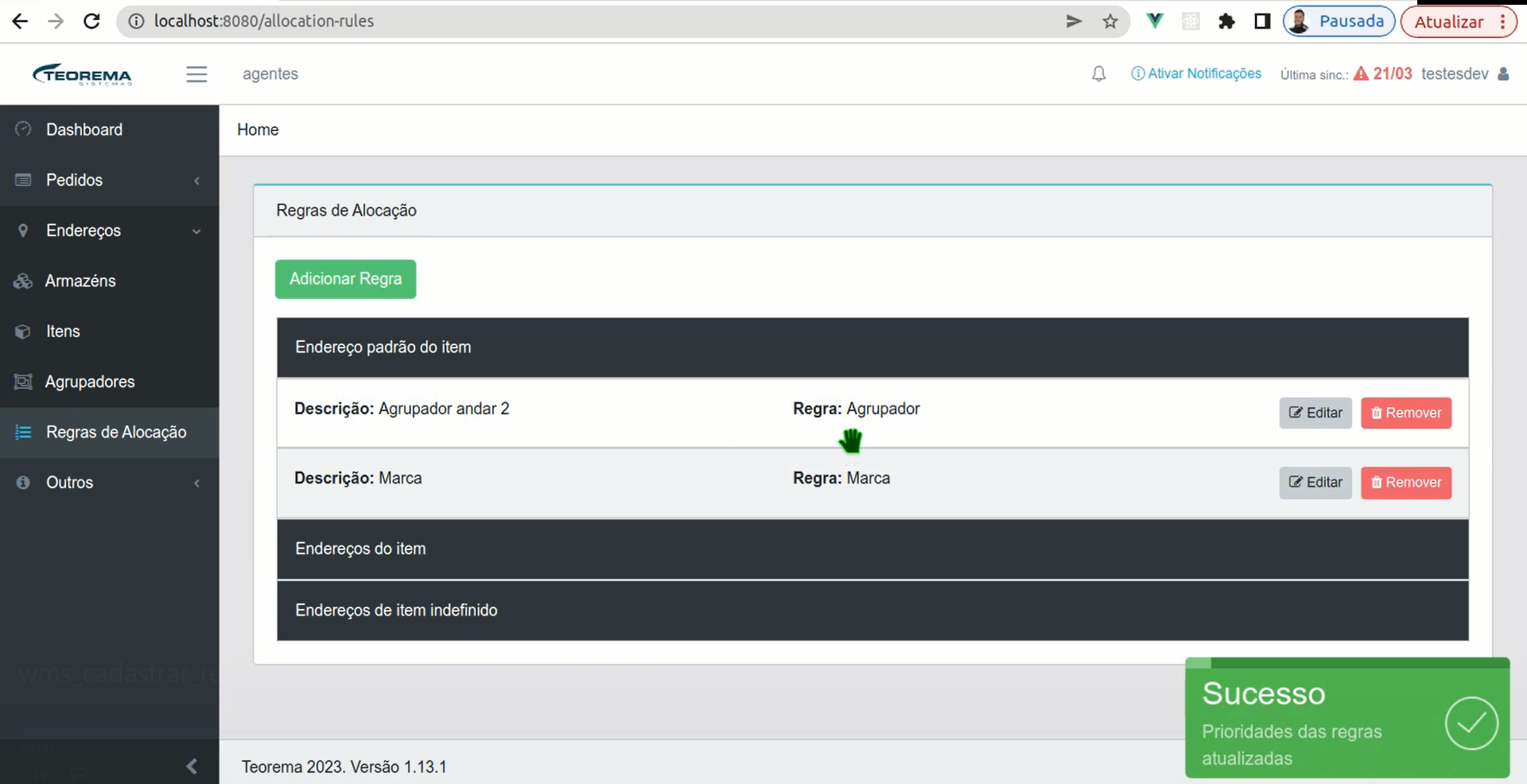 Tela Regras de Alocação com a regra Agrupador andar 2 agora acima da regra Marca e notificação verde "Sucesso — Prioridades das regras atualizadas"