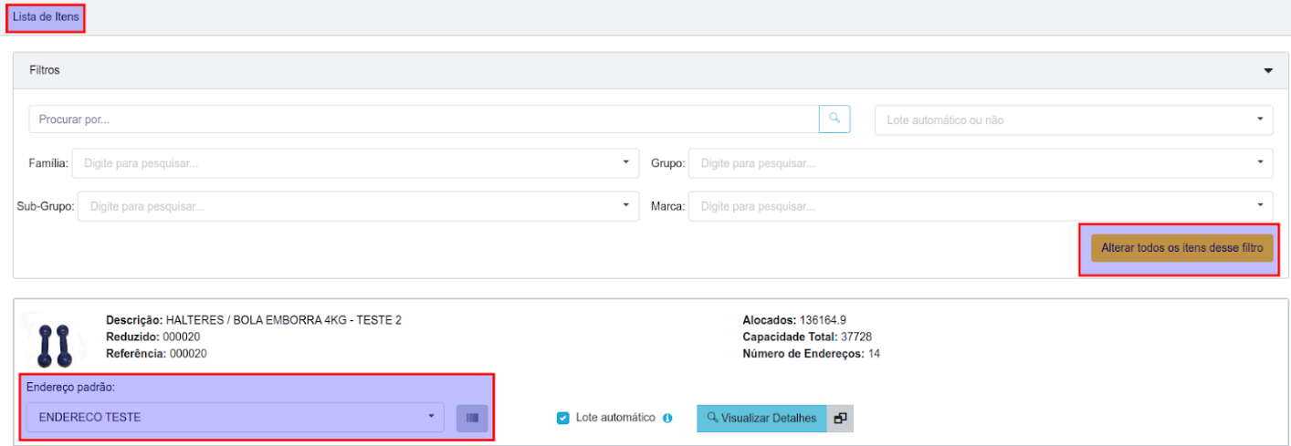 Tela Lista de Itens com filtros por Família, Grupo, Sub-Grupo e Marca, destacando em vermelho o botão "Alterar todos os itens desse filtro" e o campo Endereço padrão (preenchido com ENDERECO TESTE) no cartão do item