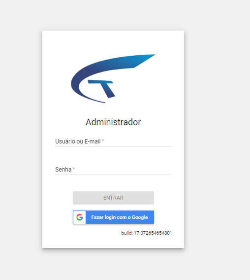 Tela de login do Administrador com campos Usuário ou E-mail e Senha e botão ENTRAR