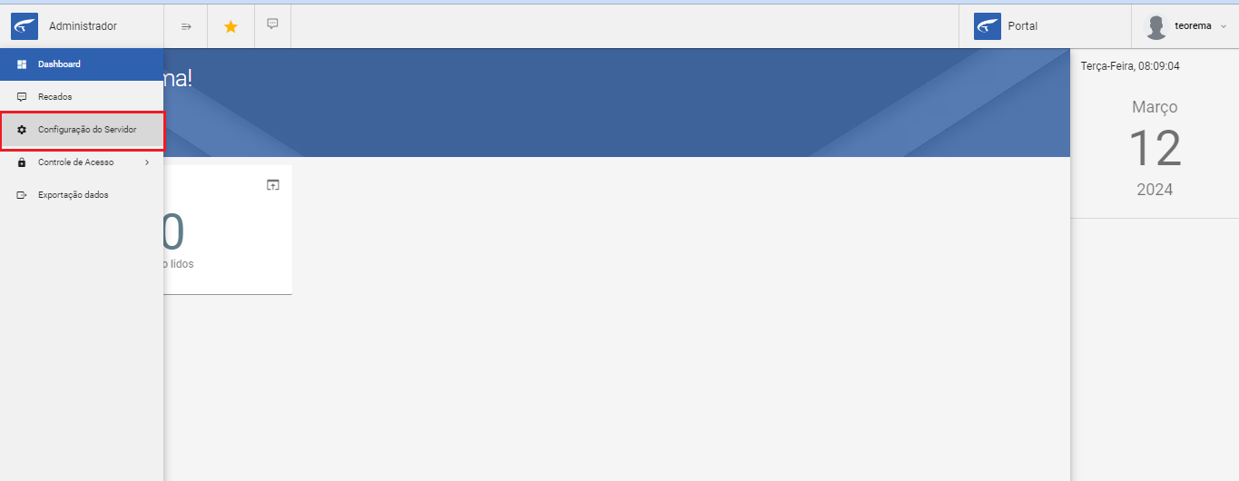 Menu lateral esquerdo com opções Dashboard, Recados, Configuração do Servidor (destacado), Controle de Acesso e Exportação dados