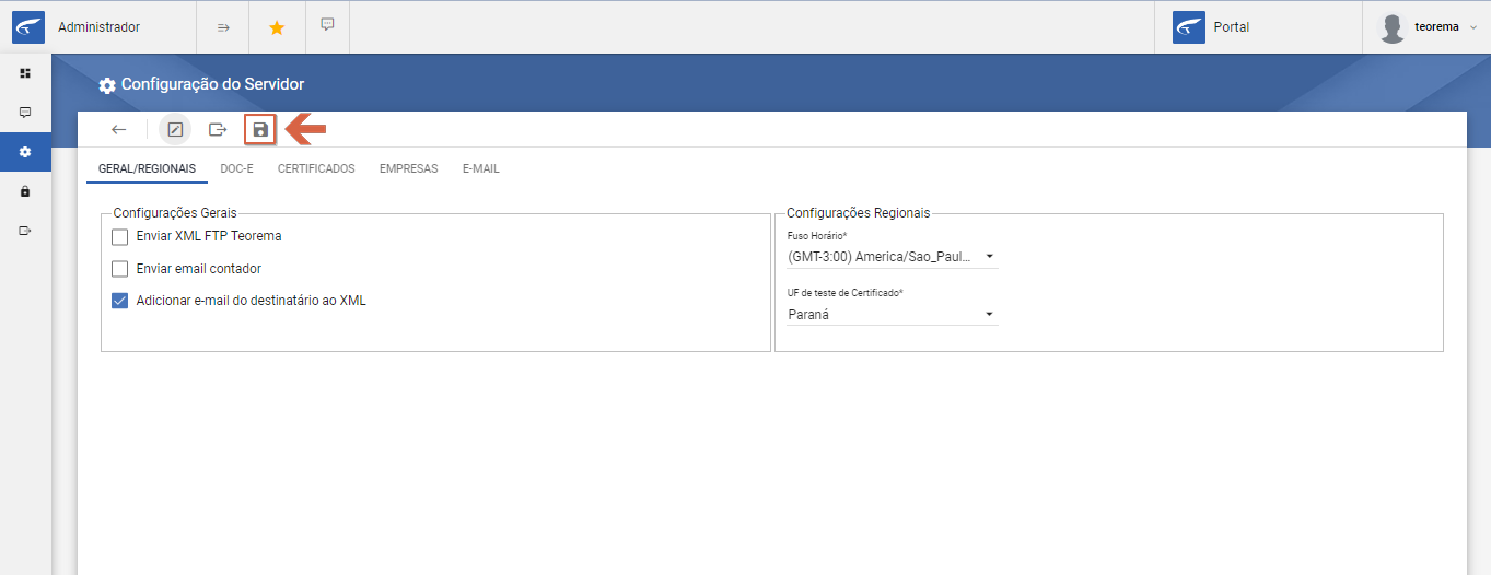 Tela Configuração do Servidor na aba GERAL/REGIONAIS com os ícones de editar, restaurar e salvar na barra de ferramentas; o ícone de salvar está destacado por seta vermelha