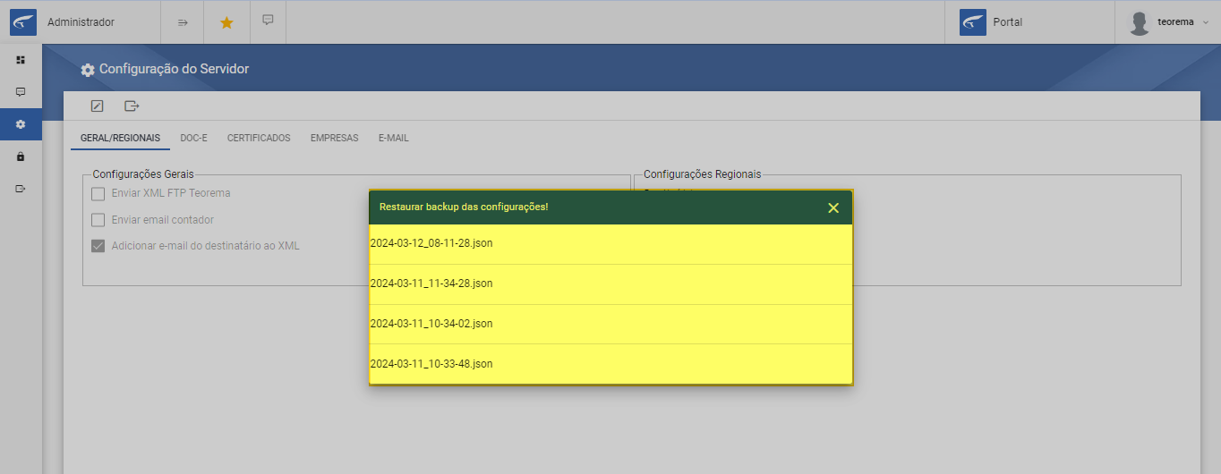 Modal "Restaurar backup das configurações!" exibindo a lista de arquivos JSON disponíveis: 2024-03-12_08-11-28.json, 2024-03-11_11-34-28.json, 2024-03-11_10-34-02.json, 2024-03-11_10-33-48.json
