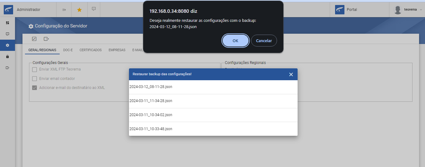 Caixa de diálogo de confirmação com a mensagem "Deseja realmente restaurar as configurações com o backup: 2024-03-12_08-11-28.json" e botões OK e Cancelar; ao fundo, o modal de lista de backups permanece visível