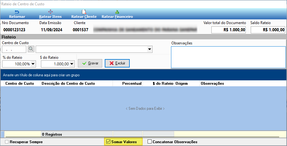 Tela Rateio de Centro de Custo com checkbox "Somar Valores" marcado e checkbox "Concatenar Observações" desmarcado visíveis