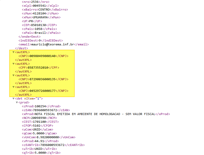 Trecho do XML da NF-e com as tags autXML destacadas, contendo CNPJs e CPF autorizados a acessar o documento