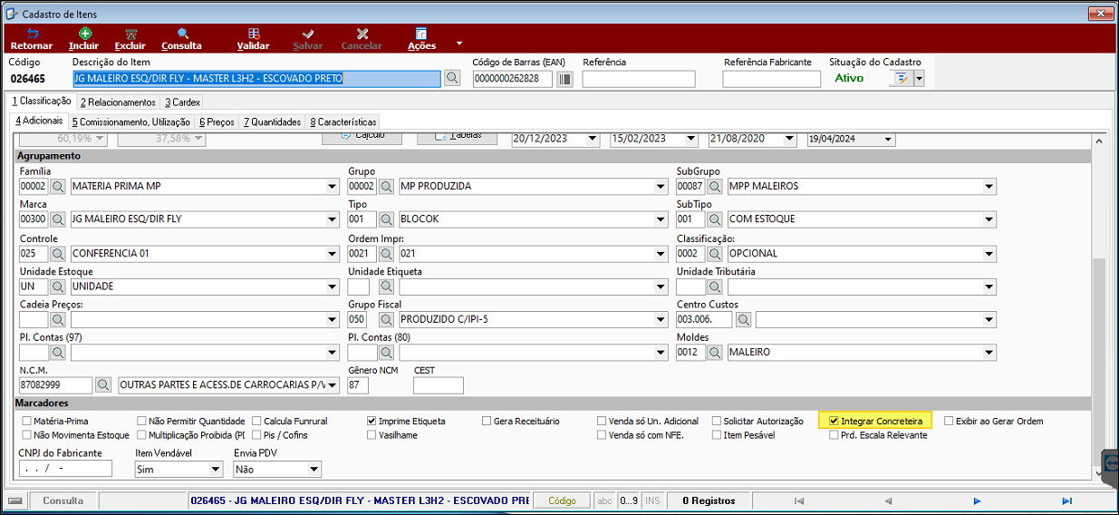 Cadastro de Itens com código 026465, descrição "JG MALEIRO ESQ/DIR FLY - MASTER L3H2 - ESCOVADO PRE", situação Ativo; seção de indicadores com o checkbox "Integrar Concreteira" marcado em destaque amarelo