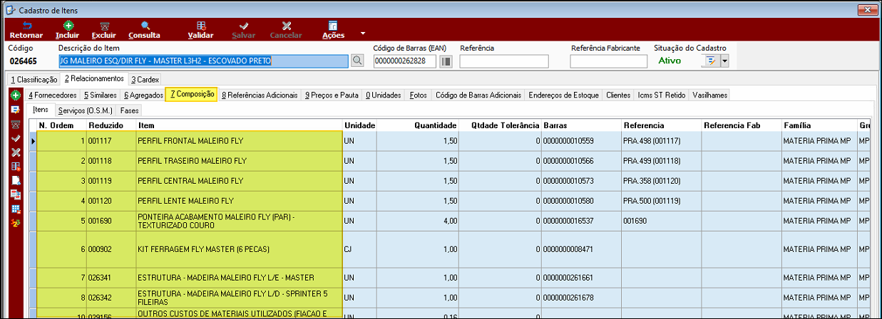 Cadastro de Itens — aba Composição do item 026465, exibindo lista de itens componentes com colunas N. Ordem, Reduzido, Item, Unidade, Quantidade, Qtde Tolerância Baixas, Referência, Referência Fab e Família