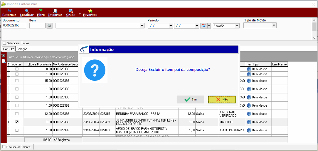 Caixa de diálogo "Informação" com a pergunta "Deseja Excluir o item pai da composição?" e botões "Sim" e "Não"