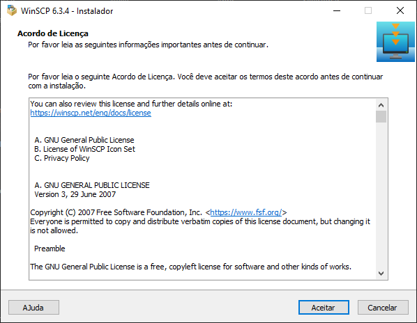 Instalador do WinSCP 6.3.4 — tela de Acordo de Licença com botões AJuda, Aceitar e Cancelar