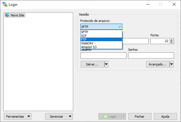 Tela de Login do WinSCP — menu suspenso "Protocolo de arquivo" aberto com as opções SFTP, SCP, FTP (selecionado), WebDAV e Amazon S3; campos Porta, Usuário e Senha visíveis