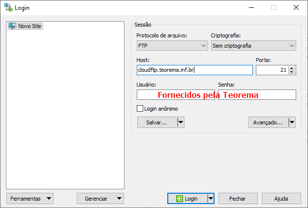 Tela de Login do WinSCP com protocolo FTP selecionado; campo Host preenchido com "cloudftp.teorema.inf.br"; campos Usuário e Senha com indicação "Fornecidos pela Teorema"
