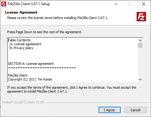 Instalador do FileZilla Client 3.67.1 — tela de License Agreement com o texto da licença e botões I Agree e Cancel
