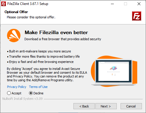 Instalador do FileZilla Client 3.67.1 — tela "Optional Offer" com opção Decline selecionada e botões Back, Next e Cancel