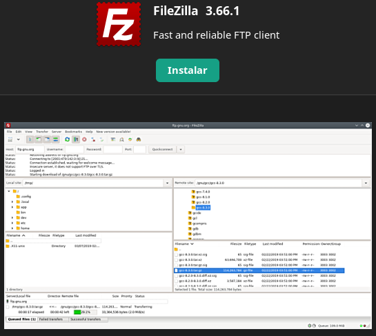Página de download do FileZilla 3.66.1 com botão "Instalar" e, ao fundo, a interface do cliente FileZilla em uso com painéis de arquivos locais e remotos e log de transferência