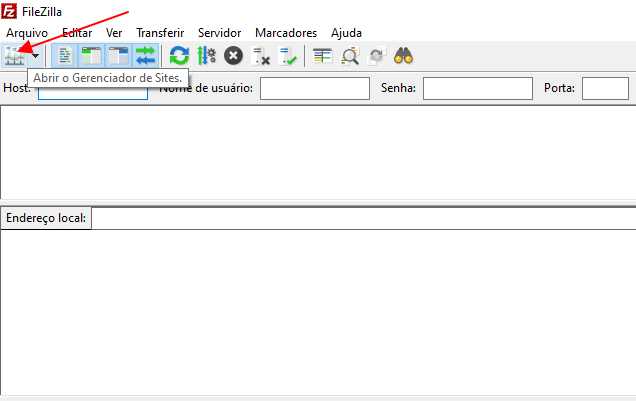 Tela inicial do FileZilla Client com tooltip "Abrir o Gerenciador de Sites" exibido sobre o ícone da barra de ferramentas; campos Host, Nome de usuário, Senha e Porta visíveis na barra de conexão rápida