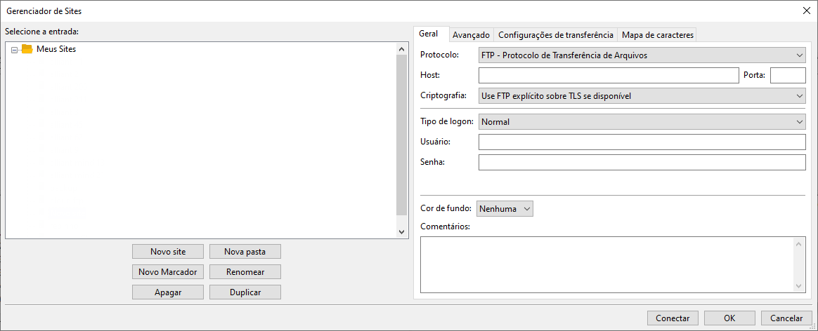 Janela "Gerenciador de Sites" do FileZilla com pasta "Meus Sites" na árvore à esquerda e abas Geral, Avançado, Configurações de transferência e Mapa de caracteres à direita; campos Protocolo (FTP - Protocolo de Transferência de Arquivos), Host, Porta, Criptografia, Tipo de logon (Normal), Usuário, Senha, Cor de fundo e Comentários; botões Novo site, Nova pasta, Novo Marcador, Renomear, Apagar, Duplicar, Conectar, OK e Cancelar