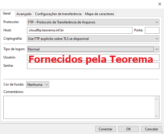 Aba Geral do Gerenciador de Sites do FileZilla com campo Host preenchido com "cloudftp.teorema.inf.br", Tipo de logon "Normal" e campos Usuário e Senha com indicação "Fornecidos pela Teorema"
