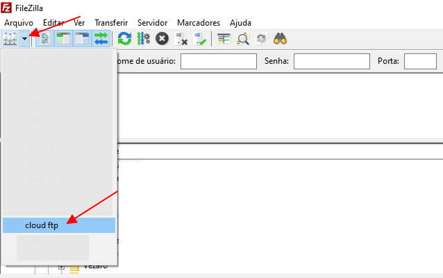 Tela inicial do FileZilla com menu suspenso do Gerenciador de Sites aberto; entrada "cloud ftp" destacada na lista de sites salvos