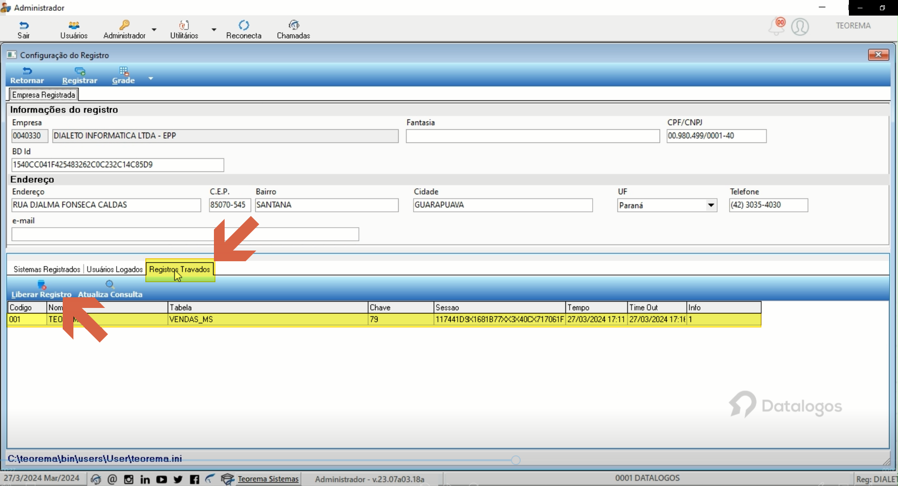 Tela "Configuração do Registro" com a aba "Registros Travados" selecionada, exibindo um registro da tabela VENDAS_MS; botão "Liberar Registro" disponível na barra de ações