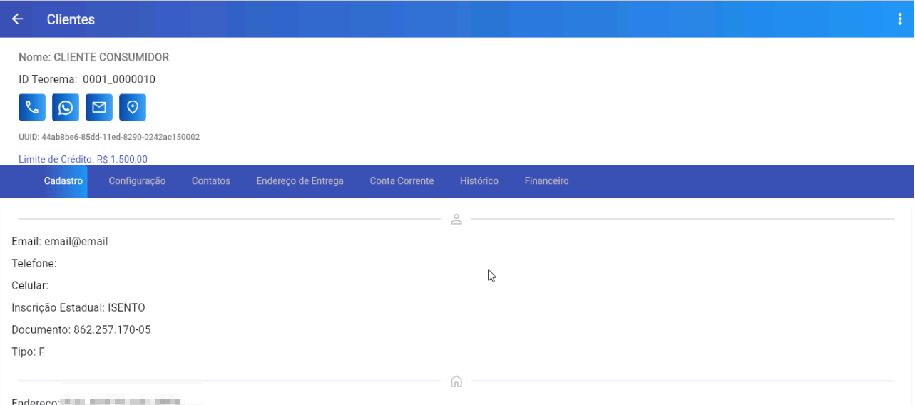 Tela de cadastro do cliente no Vendor (aba Cadastro) exibindo: Nome CLIENTE CONSUMIDOR, ID Teorema 0001_0000010, Limite de Crédito R$ 1.500,00, UUID 44ab8be6-85dd-11ed-8290-0242ac150002, abas Cadastro, Configuração, Contatos, Endereço de Entrega, Conta Corrente, Histórico, Financeiro