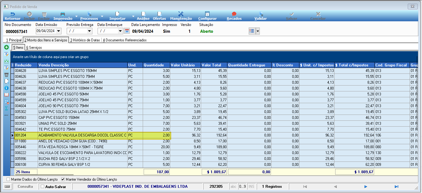 Tela Pedido de Venda 0000057341 gerado com 25 itens, quantidade total 107,00 e total R$ 1.889,67, com o item 001204 destacado com quantidade 2,00