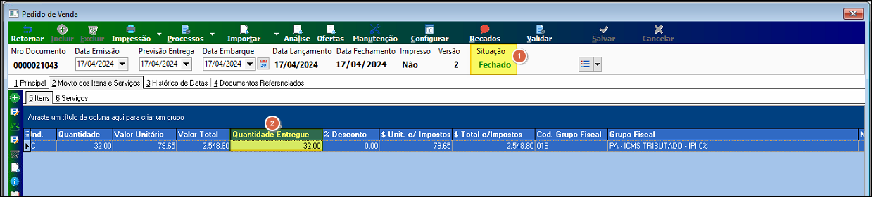 Pedido de Vendas nº 0000021043 com situação Fechado, mostrando item com Quantidade Entregue 32,00 na aba Movto dos Itens e Serviços