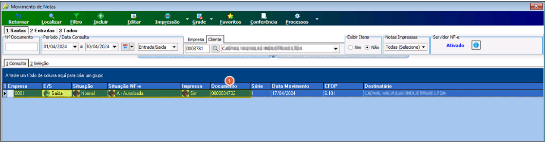 Tela Movimento de Notas com filtro por cliente 0003781, exibindo nota de saída nº 0000034732, situação Normal, Situação NF-e Autorizada, CFOP 6.101, data 17/04/2024