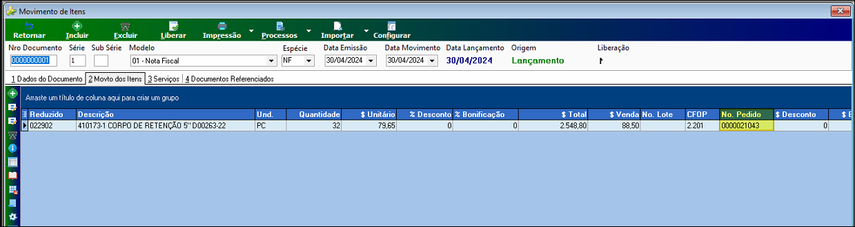 Tela Movimento de Itens com item importado, coluna No. Pedido preenchida com 0000021043, quantidade 32, CFOP 2.201
