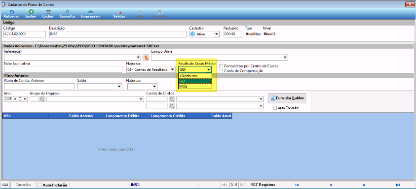 Tela Cadastro de Plano de Contas da conta 4.2.01.02.0006 INSS com campo "Recálculo Custo Médio" aberto exibindo dropdown com opções Nenhum, GGF e MOB; opção GGF selecionada