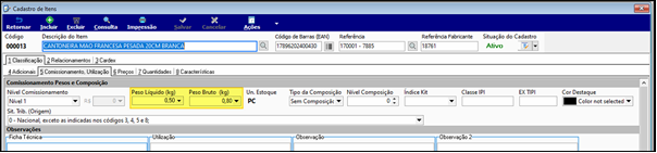 Tela Cadastro de Itens — aba Comissionamento, seção Comissionamento Peso e Composição exibindo campos Peso Líquido (kg) com valor 0,30 e Peso Bruto (kg) com valor 0,82, para o item CANTONEIRA MAO FRANCESA PESADA 20CM BRANCA