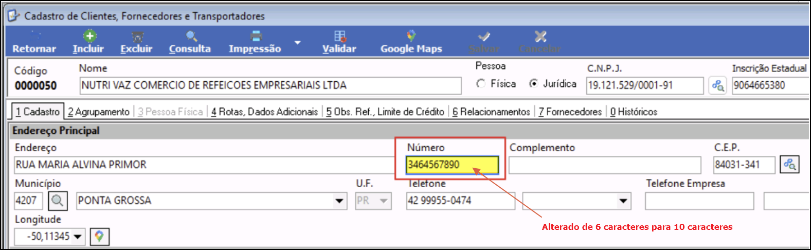 Tela de Cadastro de Clientes, Fornecedores e Transportadores com o campo Número do Endereço Principal preenchido com "3464567890" e anotação "Alterado de 6 caracteres para 10 caracteres"