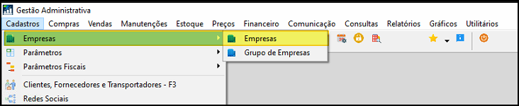 Menu Cadastros com submenu Empresas expandido, exibindo as opções Empresas e Grupo de Empresas no sistema Gestão Administrativa