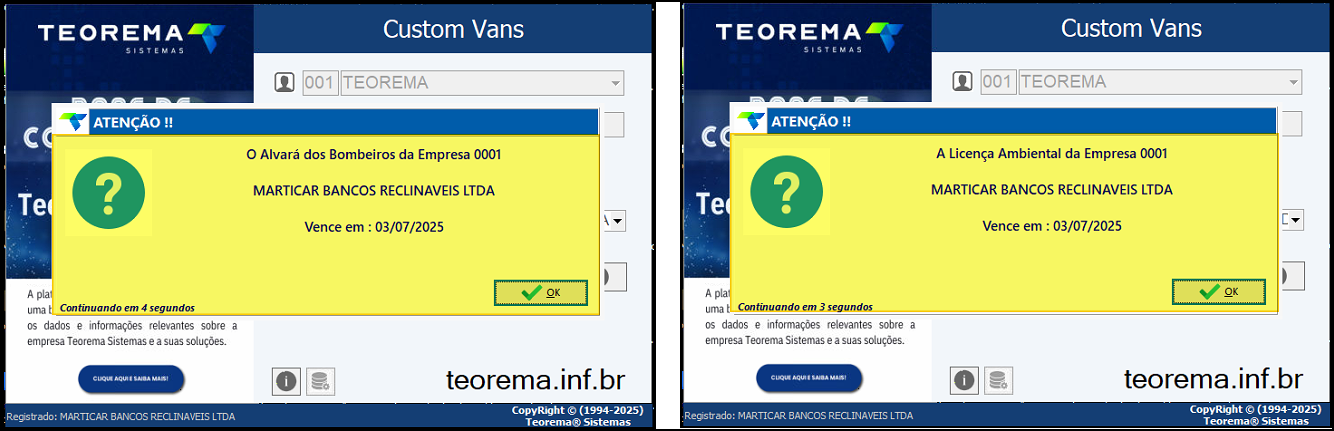 Duas janelas de alerta ATENÇÃO!! exibidas na tela de login do módulo Custom Vans: a da esquerda informa "O Alvará dos Bombeiros da Empresa 0001 MARTICAR BANCOS RECLINAVEIS LTDA Vence em: 03/07/2025" com contagem regressiva "Continuando em 4 segundos"; a da direita informa "A Licença Ambiental da Empresa 0001 MARTICAR BANCOS RECLINAVEIS LTDA Vence em: 03/07/2025" com contagem regressiva "Continuando em 2 segundos"