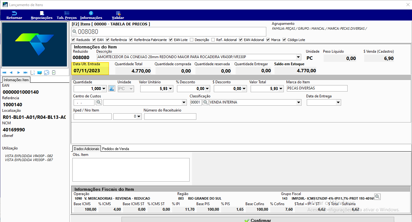 Tela de Lançamento de Itens com o campo Data Ult. Entrada destacado, exibindo o valor 07/11/2023 na seção Informações do Item, ao lado dos campos Quantidade Total, Quantidade comprada, Quantidade reservada, Quantidade Entregar e Saldo em Estoque